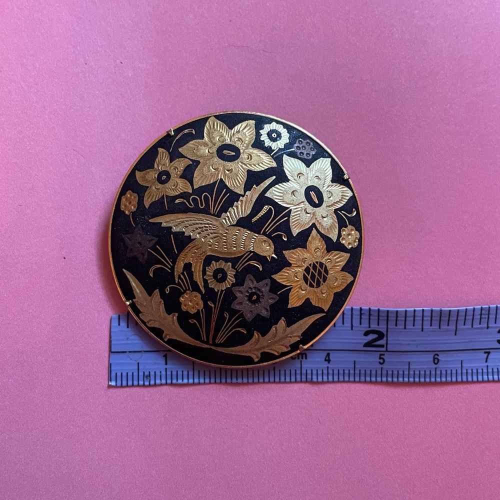 Antique Goldtone & Black Damascene Floral and Bird Motif Brooch, Pin - Picture 6 of 9